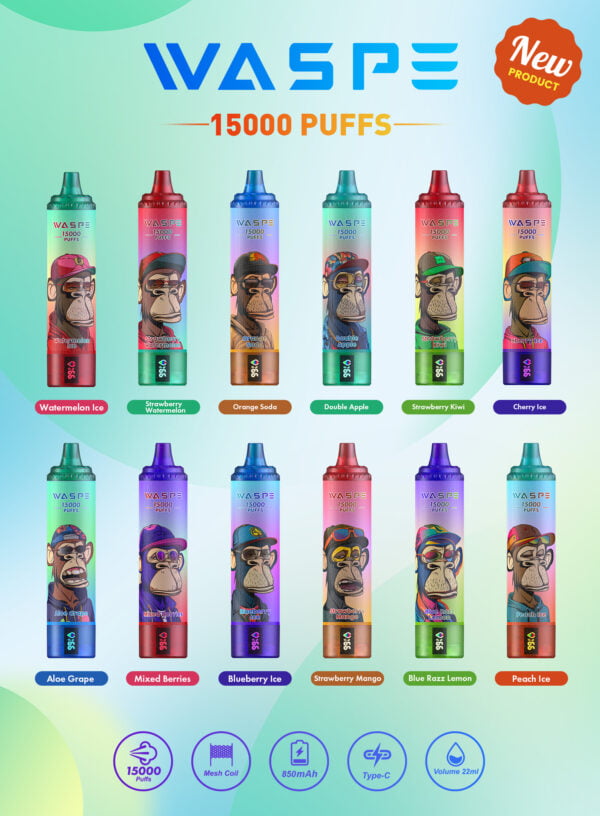 WASPE 15000 PUFFS 0% 2% 3% 5% Nikotin engangsvape Engros - BookVape - 1