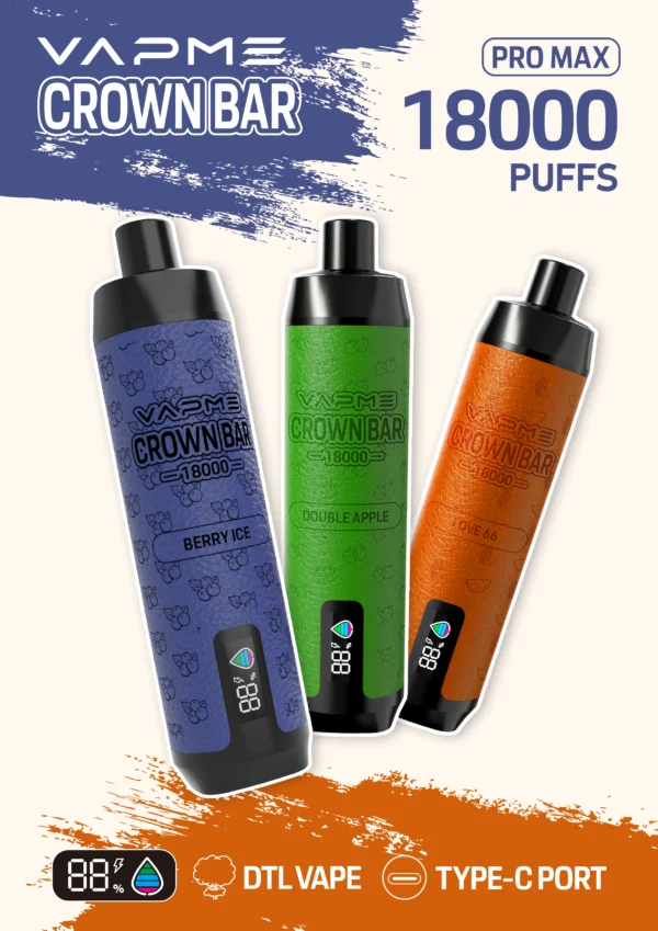 Vapme Crown Bar 18000 PRO MAX 2% 5% Nicotine 18000 trekjes Oplaadbare wegwerpvapes Bulk kopen Groothandel - BookVape - 1